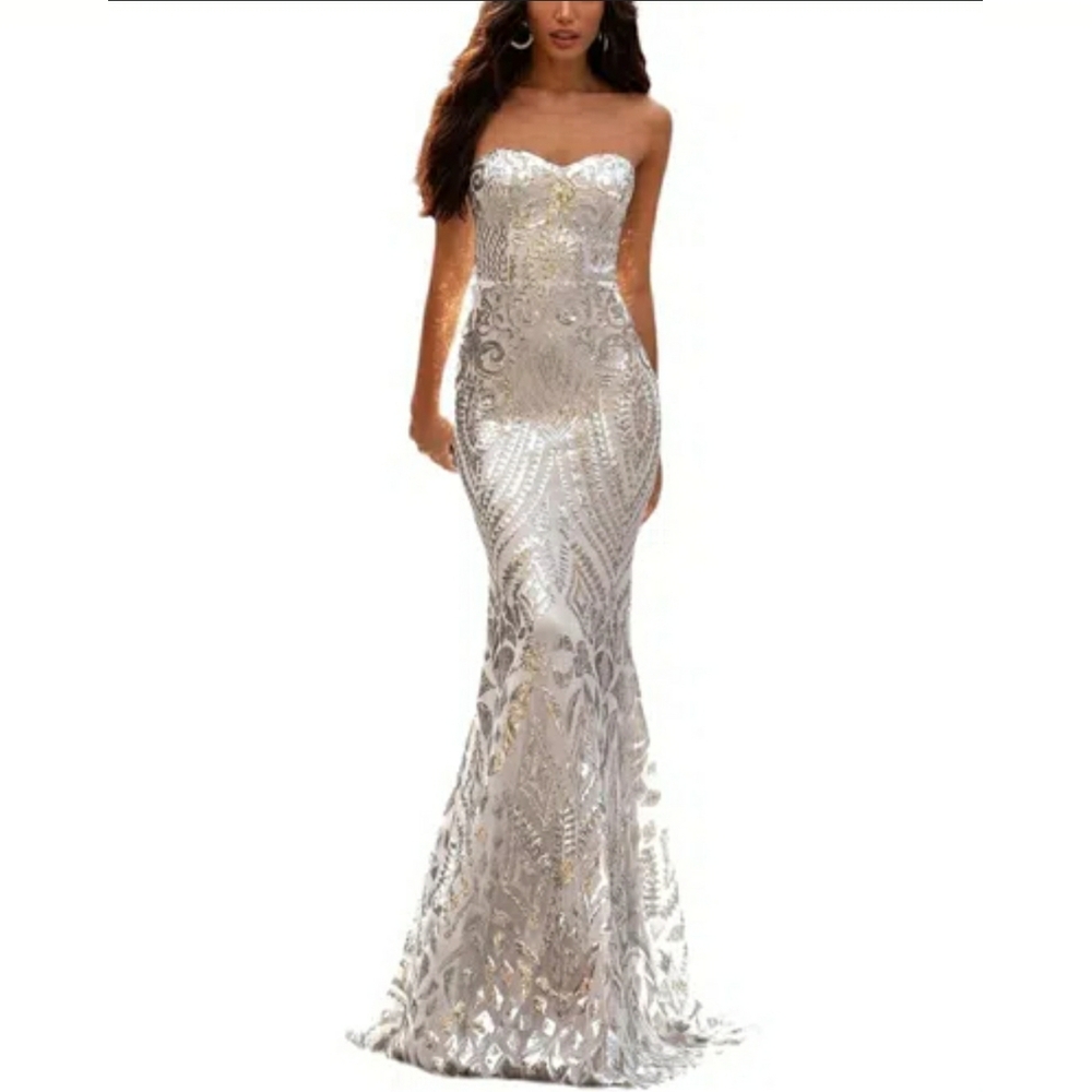 A & N Women Silver Strapless Melisa Sequin Ball Evening Gown Dress - Size XL